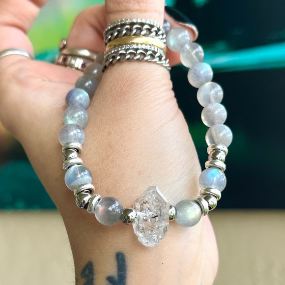 Herkimer diamond iridescent labradorite boho bead crystal quartz gems bracelet - Picture 15 of 16